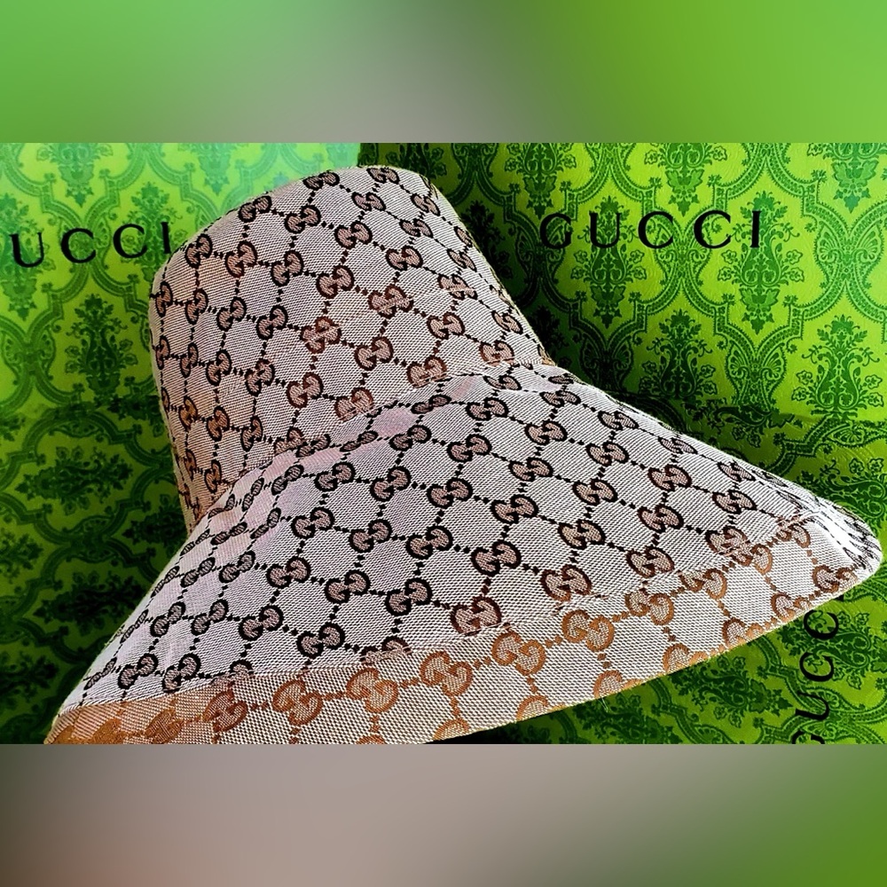 Beige Monogram Wide Brim Large Jacquard Canvas Bucket Hat Sun Coverage Beach New - Picture 7 of 16